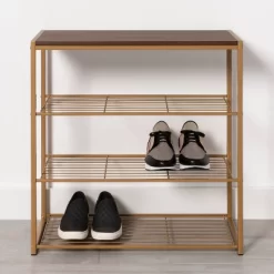 4 Tier Shoe Rack Brass With Walnut Wood - Brightroom™